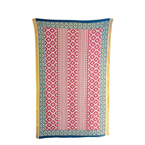 White cotton dupatta with pink diamond geometric print and blue-gold border – ISVSPC04
