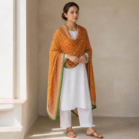 Saffron Orange Banarasi Phulkari Cotton Silk Dupatta draped and styled look | Varanasi