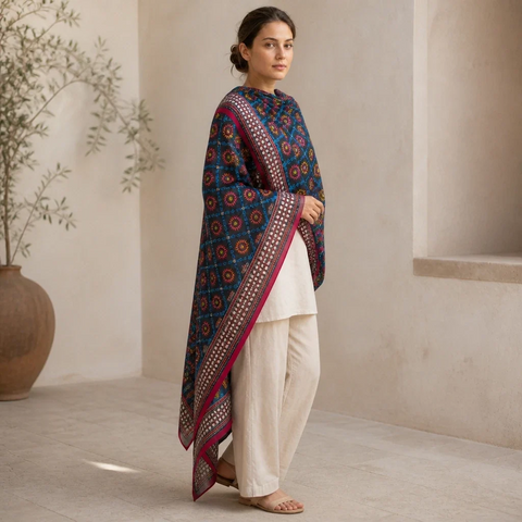 Black Multicolour Banarasi Phulkari Cotton Silk Dupatta - full flat-lay view | Varanasi