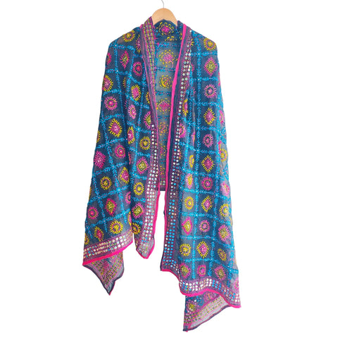 Black Multicolour Banarasi Phulkari Cotton Silk Dupatta - additional detail view 2 | Varanasi