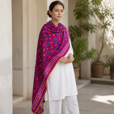 Magenta Banarasi Phulkari Cotton Silk Dupatta - full flat-lay view | Varanasi