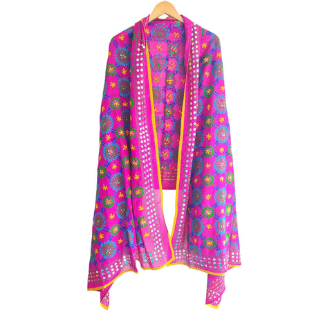 Magenta Banarasi Phulkari Cotton Silk Dupatta - alternate styled angle (view 1) | Varanasi