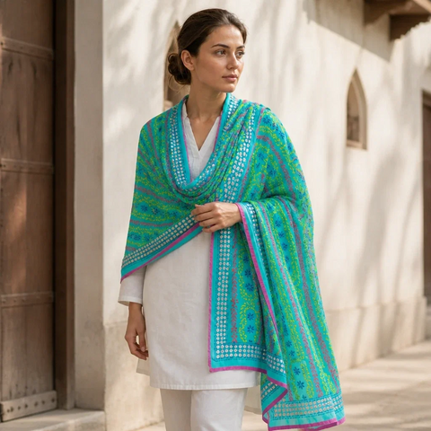 Turquoise Banarasi Phulkari Cotton Silk Dupatta - full flat-lay view | Varanasi