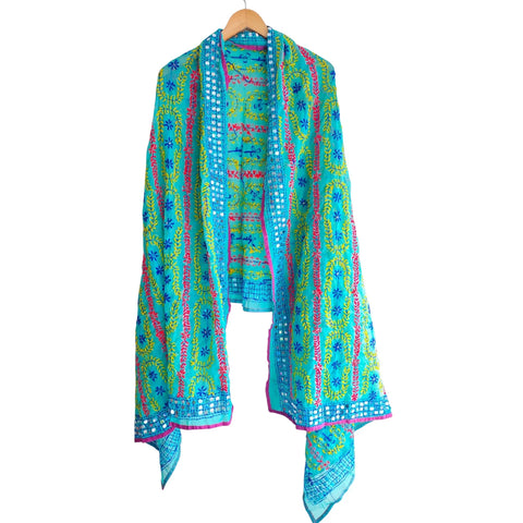 Turquoise Banarasi Phulkari Cotton Silk Dupatta - additional detail view 2 | Varanasi