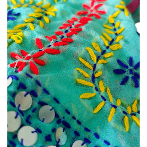 Turquoise Banarasi Phulkari Cotton Silk Dupatta - additional detail view 3 | Varanasi