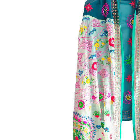 Teal Cream Banarasi Phulkari Cotton Silk Dupatta - additional detail view 1 | Varanasi