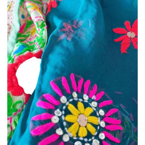 Teal Cream Banarasi Phulkari Cotton Silk Dupatta - additional detail view 2 | Varanasi
