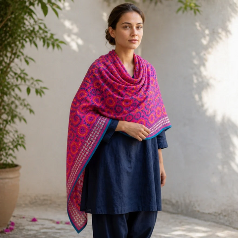 Rani Pink Banarasi Phulkari Cotton Silk Dupatta - full flat-lay view | Varanasi