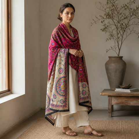 Rani Pink Banarasi Phulkari Cotton Silk Dupatta - additional detail view 2 | Varanasi