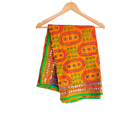 Saffron Orange Banarasi Phulkari Cotton Silk Dupatta – full product view