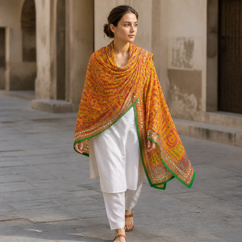 Saffron Phulkari dupatta draped on model – Banarasi handcrafted cotton silk