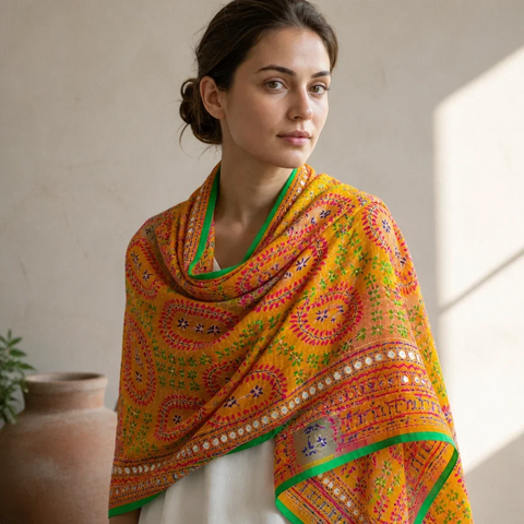 Saffron Orange Banarasi Phulkari dupatta styled on model – embroidered cotton silk