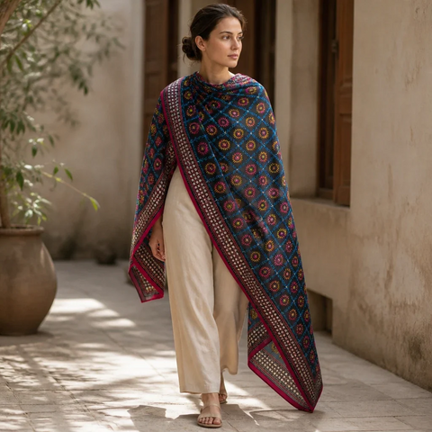 Black Multicolour Banarasi Phulkari dupatta styled on model – embroidered cotton silk