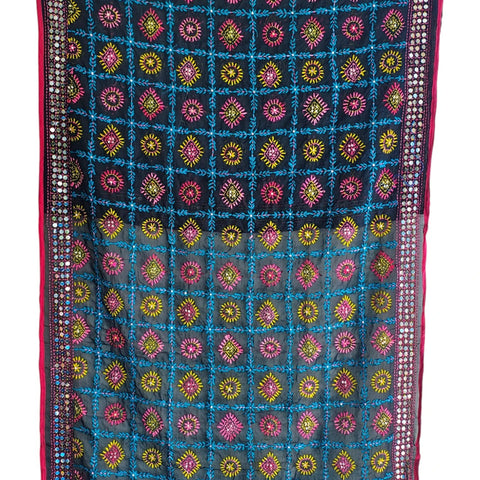 Black Multicolour Banarasi Phulkari Cotton Silk Dupatta – full product view