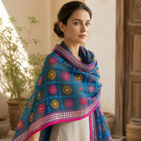 Black Multicolour Phulkari dupatta draped on model – Banarasi handcrafted cotton silk