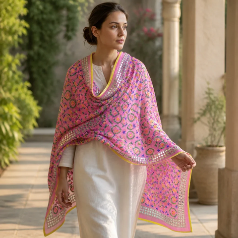 Lavender Banarasi Phulkari dupatta styled on model – embroidered cotton silk