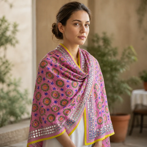 Lavender Phulkari dupatta draped on model – Banarasi handcrafted cotton silk