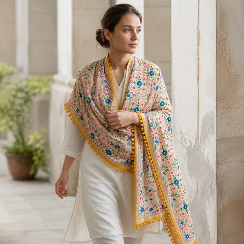 Ivory Cream Phulkari dupatta draped on model – Banarasi handcrafted cotton silk