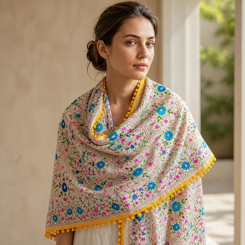Ivory Cream Banarasi Phulkari dupatta styled on model – embroidered cotton silk
