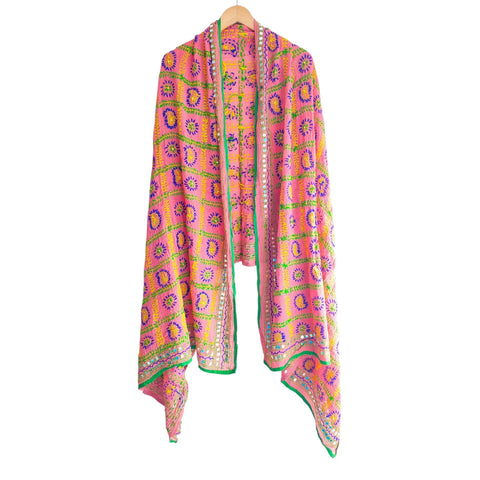 Pink Banarasi Phulkari Cotton Silk Dupatta – full product view