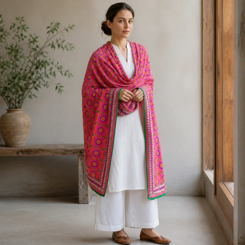 Pink Banarasi Phulkari dupatta styled on model – embroidered cotton silk