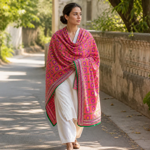 Pink Phulkari dupatta draped on model – Banarasi handcrafted cotton silk