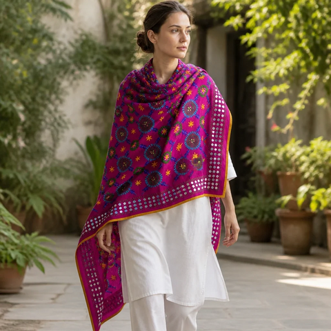 Magenta Phulkari dupatta draped on model – Banarasi handcrafted cotton silk