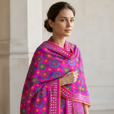Magenta Banarasi Phulkari dupatta styled on model – embroidered cotton silk