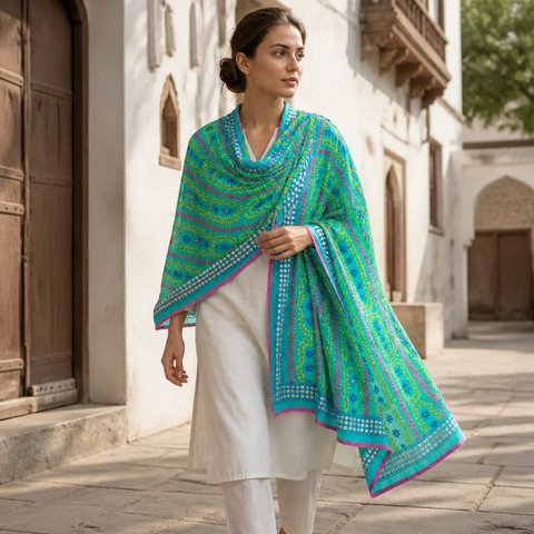 Turquoise Phulkari dupatta draped on model – Banarasi handcrafted cotton silk