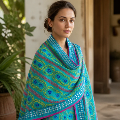 Turquoise Banarasi Phulkari dupatta styled on model – embroidered cotton silk