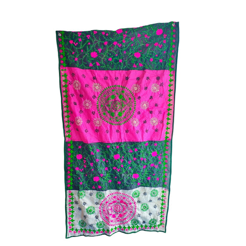 Dark Green Pink Banarasi Phulkari Cotton Silk Dupatta – full product view