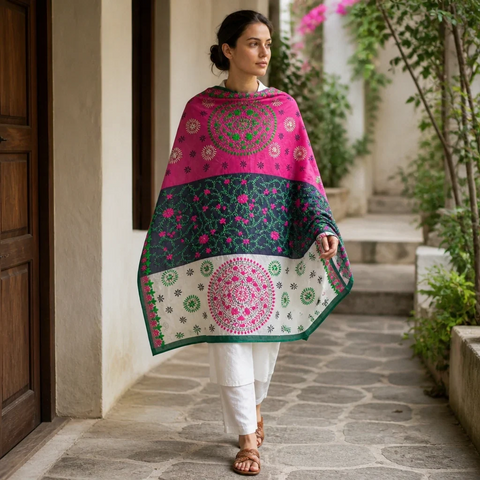 Dark Green Pink Phulkari dupatta draped on model – Banarasi handcrafted cotton silk