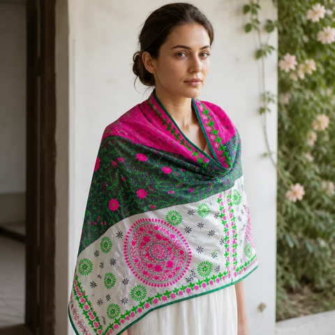 Dark Green Pink Banarasi Phulkari dupatta styled on model – embroidered cotton silk