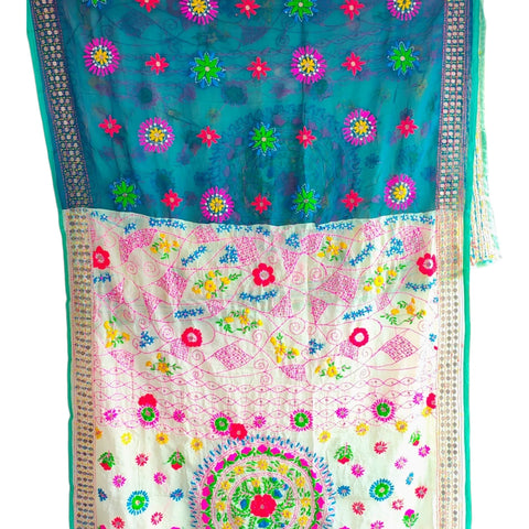 Teal Cream Banarasi Phulkari Cotton Silk Dupatta – full product view