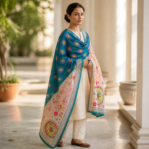 Teal Cream Banarasi Phulkari dupatta styled on model – embroidered cotton silk
