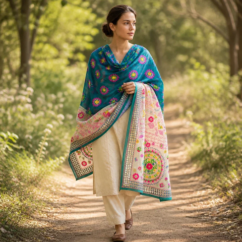 Teal Cream Phulkari dupatta draped on model – Banarasi handcrafted cotton silk