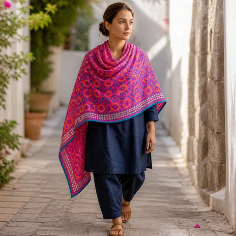 Rani Pink Phulkari dupatta draped on model – Banarasi handcrafted cotton silk