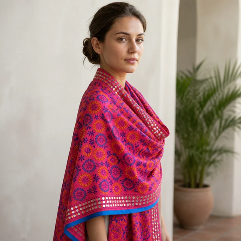 Rani Pink Banarasi Phulkari dupatta styled on model – embroidered cotton silk
