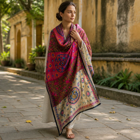 Tricolour Phulkari dupatta draped on model – Banarasi handcrafted cotton silk