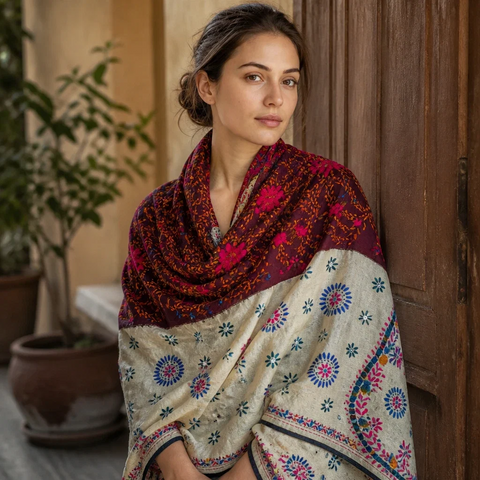 Tricolour Banarasi Phulkari dupatta styled on model – embroidered cotton silk