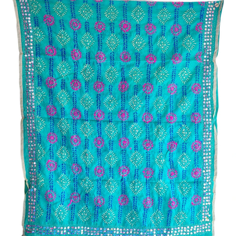 Teal Turquoise Banarasi Phulkari Cotton Silk Dupatta – full product view
