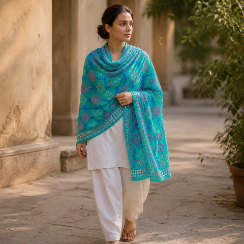 Teal Turquoise Phulkari dupatta draped on model – Banarasi handcrafted cotton silk