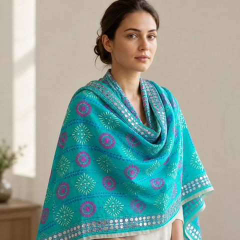 Teal Turquoise Banarasi Phulkari dupatta styled on model – embroidered cotton silk