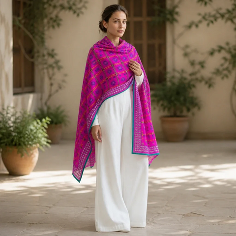 Purple Violet Banarasi Phulkari Cotton Silk Dupatta styled on a model (view 2) | Varanasi