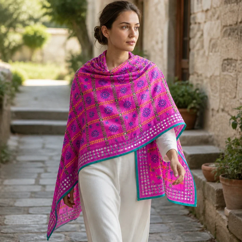Purple Violet Phulkari dupatta draped on model – Banarasi handcrafted cotton silk