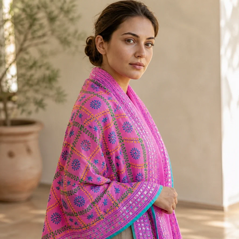 Purple Violet Banarasi Phulkari dupatta styled on model – embroidered cotton silk