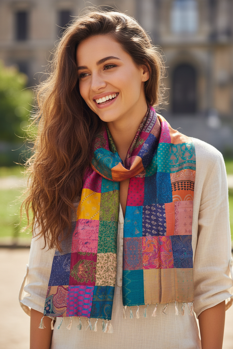 Multicolour Patchwork Pure Silk Stole | Varanasi | 250x55 cm
