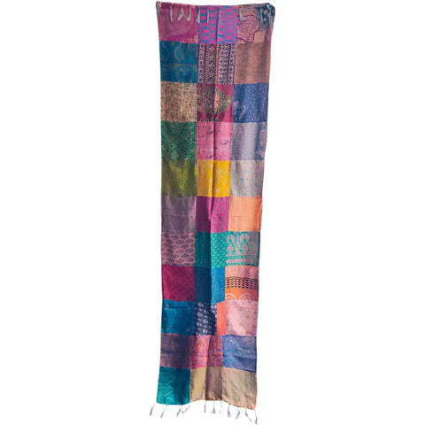 Multicolour patchwork pure silk stole from Varanasi – full hanging view