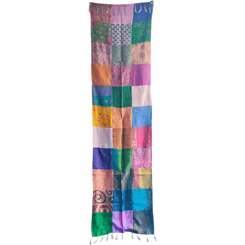 Vibrant multicolour Banarasi silk patchwork stole – draped detail view