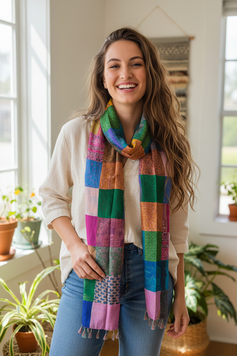 Multicolour Patchwork Pure Silk Stole | Varanasi | 250x55 cm